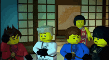 a group of lego characters standing in a room
