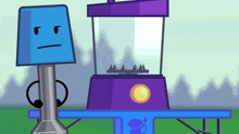 a blue lamp stands next to a purple lantern on a table