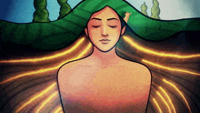 a drawing of a woman with her eyes closed and a green hill in the background