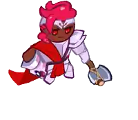 a cartoon character with pink hair and red eyes is holding a sword .