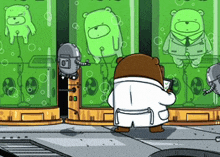 a cartoon of a bear in a lab coat standing in front of a display of green bears