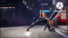 a person in a superhero costume is doing a trick on the ground in a video game .