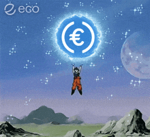 a cartoon character is flying through the air holding a blue circle with a euro sign in it