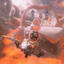 a cartoon character is riding a motorcycle in front of a building