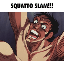 a cartoon drawing of a man with the words squatto slam below him