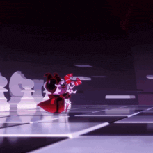 a cartoon character in a red cape is standing in front of a chess board