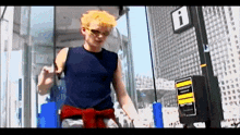 a man with yellow hair is standing in front of a sign that says i