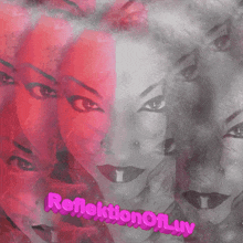 a woman 's face is surrounded by reflection of luv written in pink letters