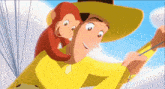 a man in a yellow shirt is holding a monkey on his shoulders