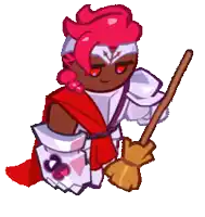 a cartoon character is holding a broom and wearing a red cape .