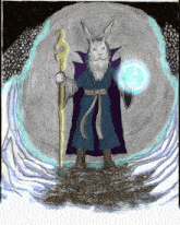 a drawing of a rabbit in a robe holding a magic wand