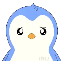 a blue and white penguin with a yellow beak and the word pengu on the bottom