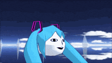 a cartoon character with blue hair and a white face is flying through the air