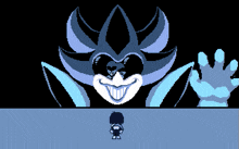 a pixel art drawing of a person standing in front of a giant monster