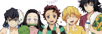 a group of anime characters standing next to each other and smiling