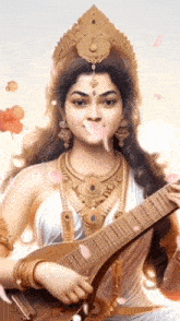 a painting of a woman playing a guitar with petals coming out of her mouth