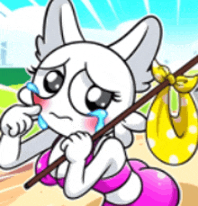 a cartoon cat is crying while holding a stick and carrying a bag .