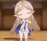 a cartoon girl with long hair and antlers on her head is standing on a wooden floor