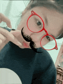 a girl wearing glasses and a fake mustache .