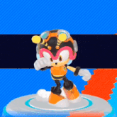 a cartoon character is standing on a platform with a colorful background .