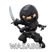 a cartoon of a ninja holding a sword with the word wasabi written below him