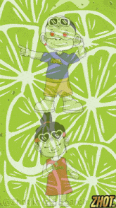 a cartoon of a boy wearing a shirt that says thot standing next to a girl wearing sunglasses