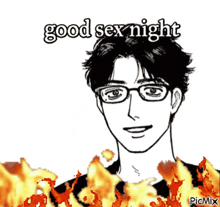 a black and white drawing of a man wearing glasses and the words good sex night