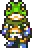 a pixel art drawing of a frog wearing a green hat and holding a gun .