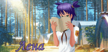 a girl with purple hair is reading a book with the name lena written on the bottom