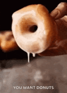 a person is holding a donut with icing dripping out of it and the words `` you want donuts '' .