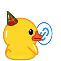 a yellow rubber duck wearing a party hat looks at its reflection in the mirror