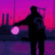 a silhouette of a person standing in front of a pink and purple sunset holding a light .
