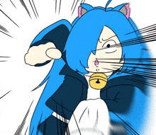 a cartoon drawing of a girl with blue hair and a cat ear