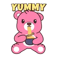a pink teddy bear is eating noodles with chopsticks and the word yummy is above him