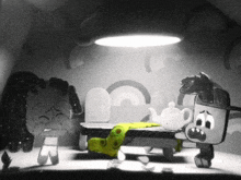 a black and white cartoon of a boy and a girl sitting at a table with a teapot on it