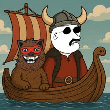a cartoon drawing of a viking and a cat on a boat