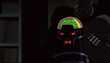 a cartoon of a gorilla standing next to a robot with a green brain on it