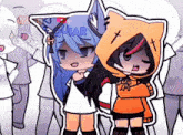 two anime girls are standing next to each other in a crowd .