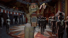 a group of mannequins are standing in front of a machine that says " big top tickets please "
