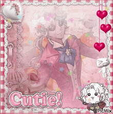 a picture of a man in a pink suit with the word cutie on it