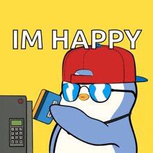 a penguin wearing sunglasses and a red hat is holding a credit card and the words im happy are above him