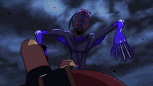 a purple monster with red eyes is crawling on a person 's back