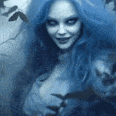 a woman with long blue hair is standing in the woods .