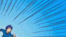 a man with purple hair is running in a comic book style .