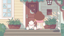 a cartoon drawing of a girl and a cat in front of a house with the number 101 on the door