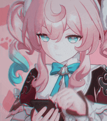 a girl with pink hair and blue eyes holds a cell phone
