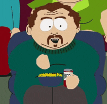 a cartoon character from south park is sitting in a chair eating popcorn and drinking beer