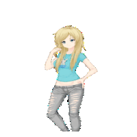 a pixel art of a girl wearing a blue shirt and jeans