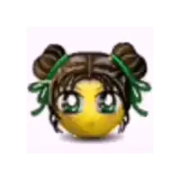 a smiley face with brown hair and green eyes has two buns in her hair .