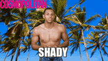 a shirtless man is standing in front of palm trees and the word shady is on the screen